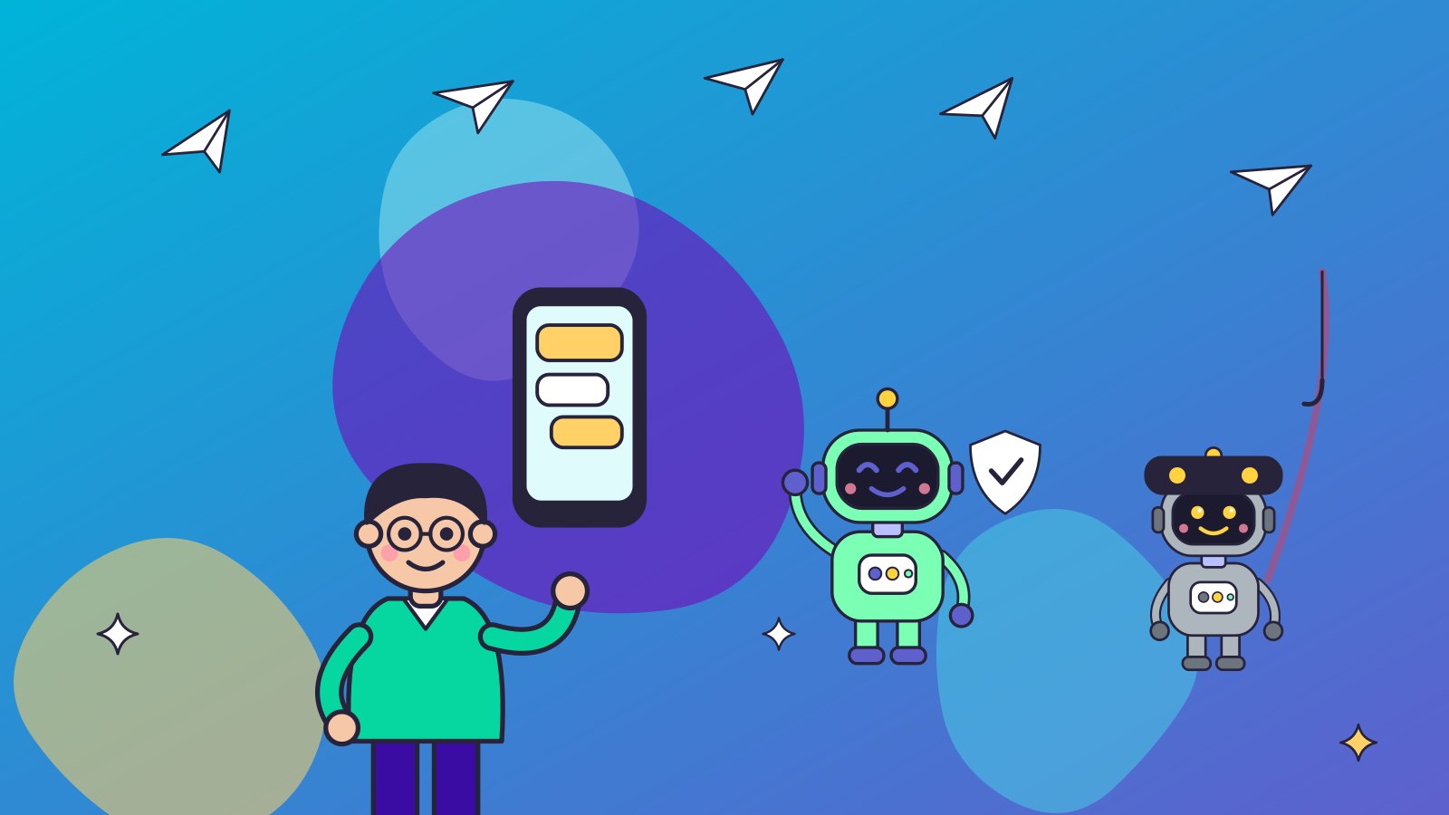 Мужчина в очках держит смартфон с чатом, рядом дружелюбный зелёный робот со щитом и серый робот в маске с удочкой, вокруг летят бумажные самолётики